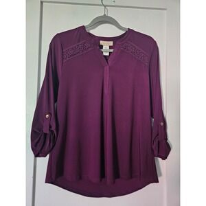 Front of Closet Plum Purple Lace Inset Blouse Petite Large PL Roll Tab Sleeve To